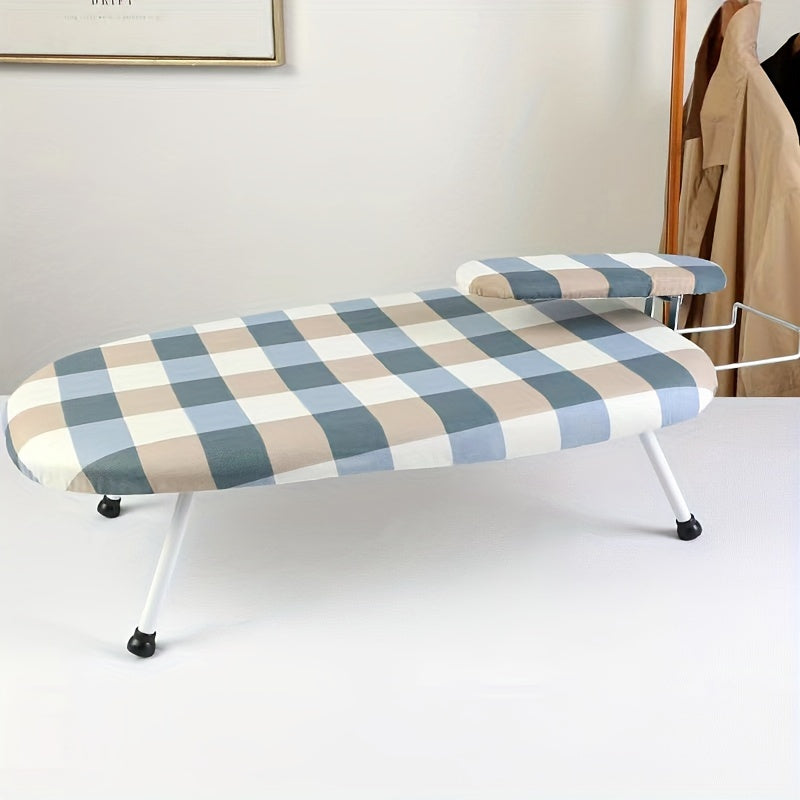 Space-saving foldable ironing board, ideal for home and office use, made of stainless steel and plastic materials.