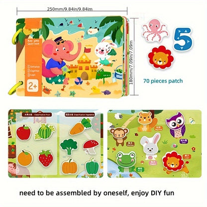 Interactive family activity book for youngsters aged 0-6 years, featuring educational puzzles, DIY stickers, and activities to enhance cognitive and motor skills. Includes animal