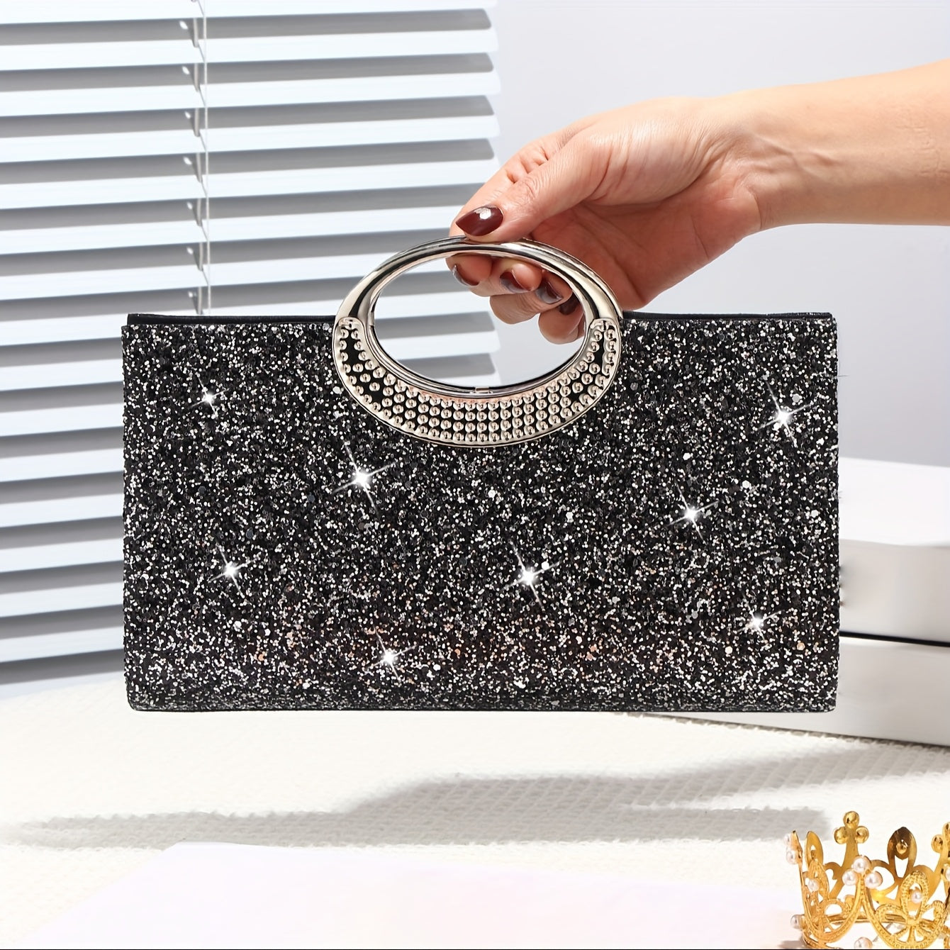 Sequin evening handbag with golden accents, perfect for weddings, parties, dances, and special occasions.