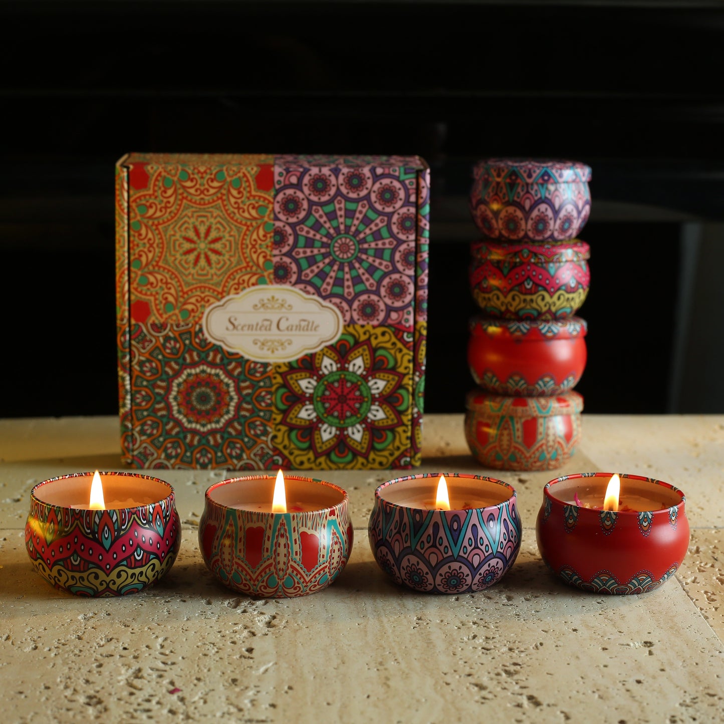 Bohemian Mandala Style Scented Candle Gift Set with Dried Flower Embellishment, Spice Scent, Soy Wax Material for Seasonal Celebrations, Indoor Use, and Holidays.