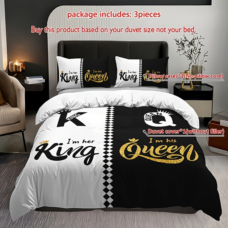 Black and grey duvet cover set featuring crown lettering design, including 1 duvet cover and 2 pillowcases. High definition printing for home and dorm decor, comforter not included.