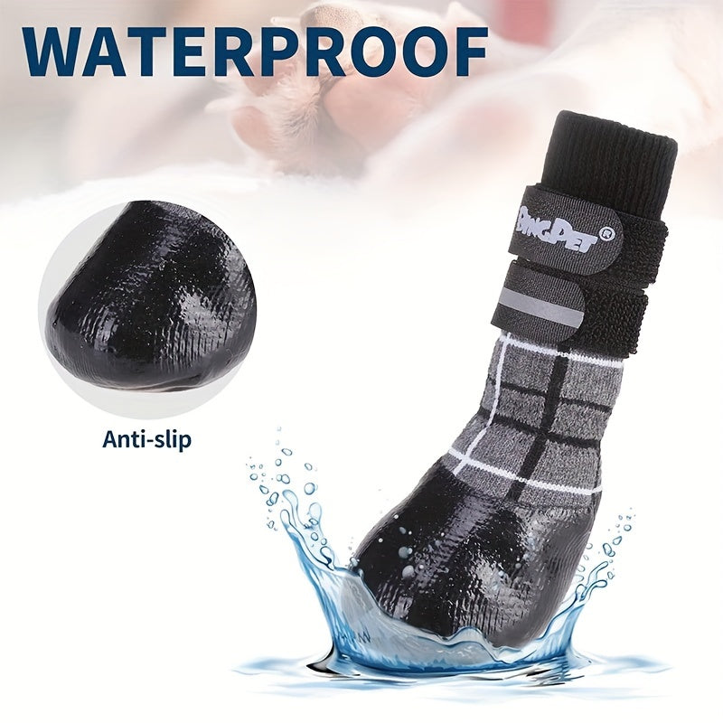 BINGPET Anti-Slip Dog Socks, Waterproof with Reflective Straps, Plaid Pattern - Paw Protectors for All Seasons, Ideal for Small to Large Dogs on Hardwood Floors & Hot Pavement