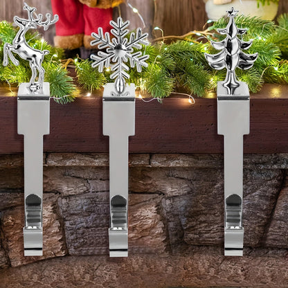 Set of 4 Sophisticated Metal Christmas Stocking Holders - Stylish Mantel Hooks featuring Snowman, Reindeer, & Tree Designs for a Festive Fireplace Display, Holiday Decor