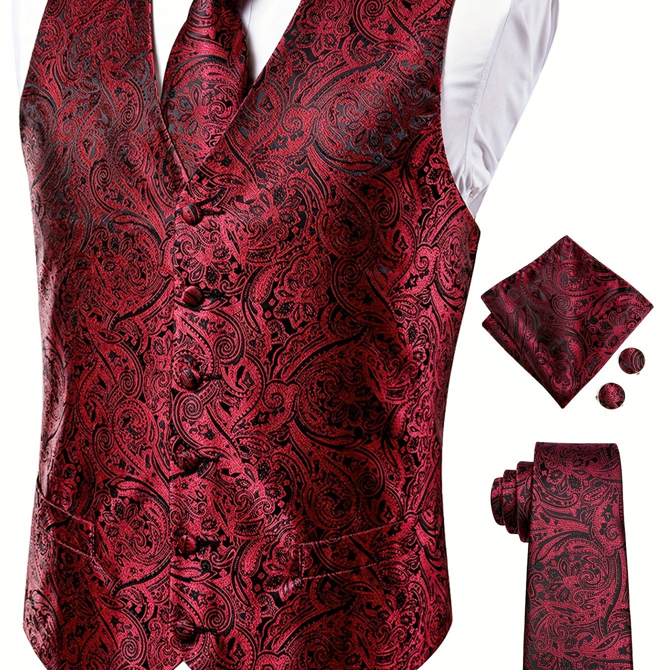 Stylish paisley suit vest set with matching accessories for plus size men.