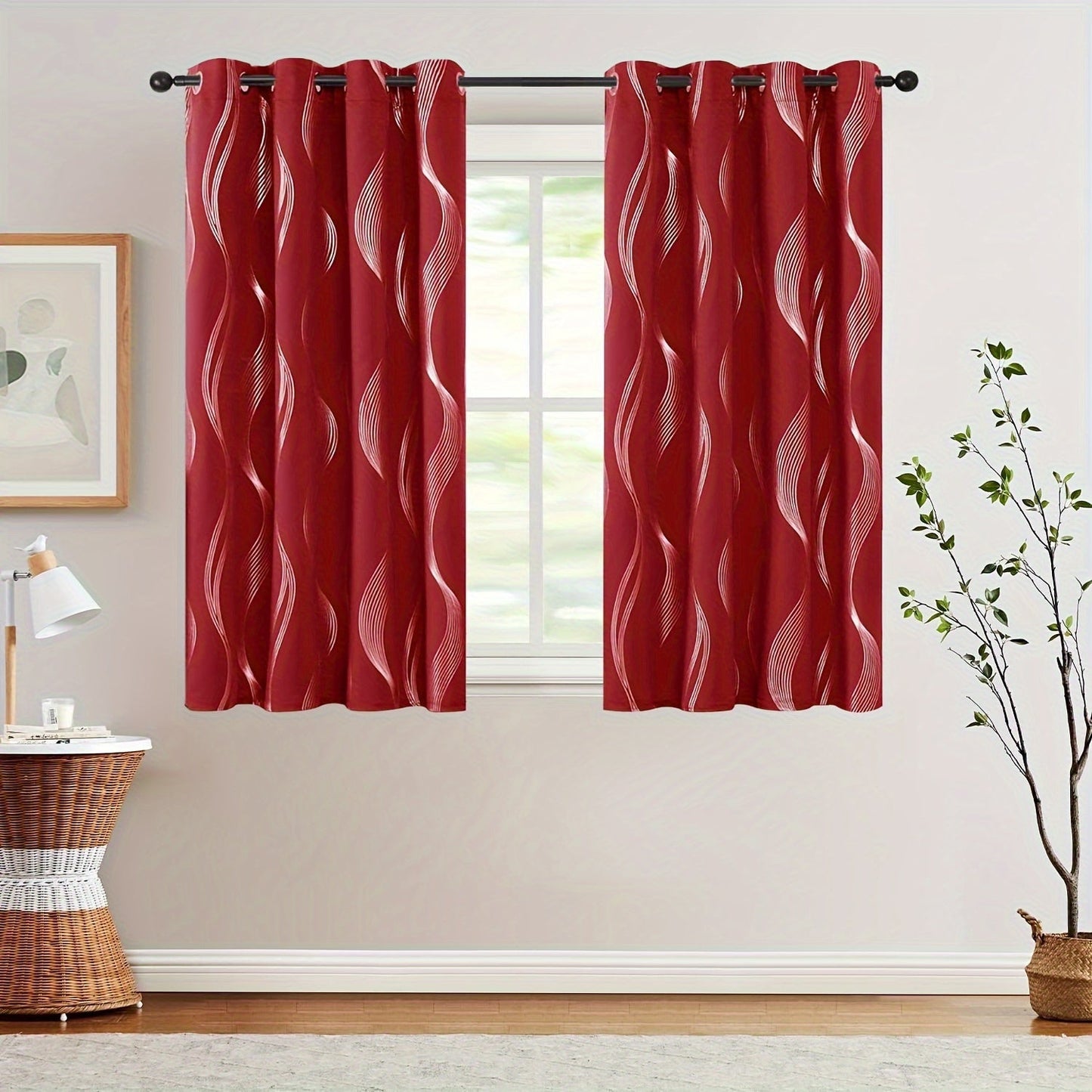 Two pieces of contemporary blackout curtains made from high-quality woven polyester, featuring a grommet top design for easy hanging. These room darkening drapes are machine washable and showcase a fantasy stripe pattern with eyelet detailing. Suitable