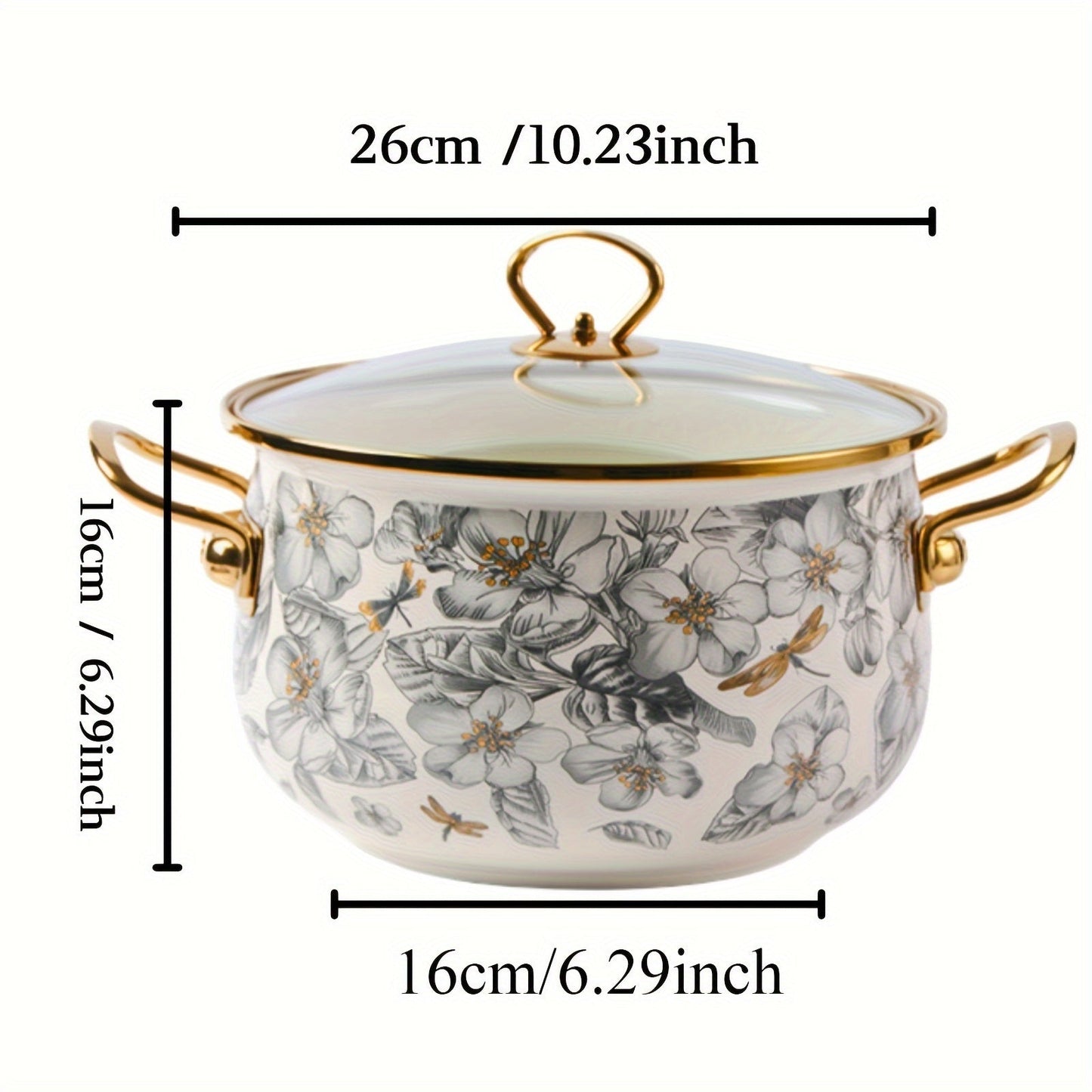 Enamel Soup Pot with Golden Trim - Featuring Dragonfly & Floral Design, Ideal for Home Cooking and Intimate Dinners