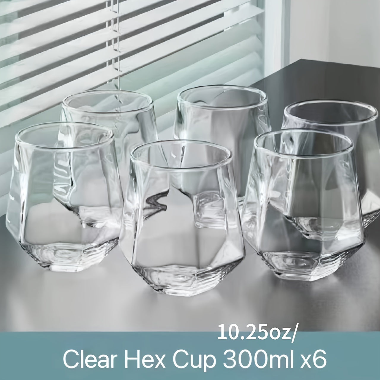 Set of 6 geometric glass cups suitable for water, whisky, juice, milk, tea and more. Perfect for all seasons.