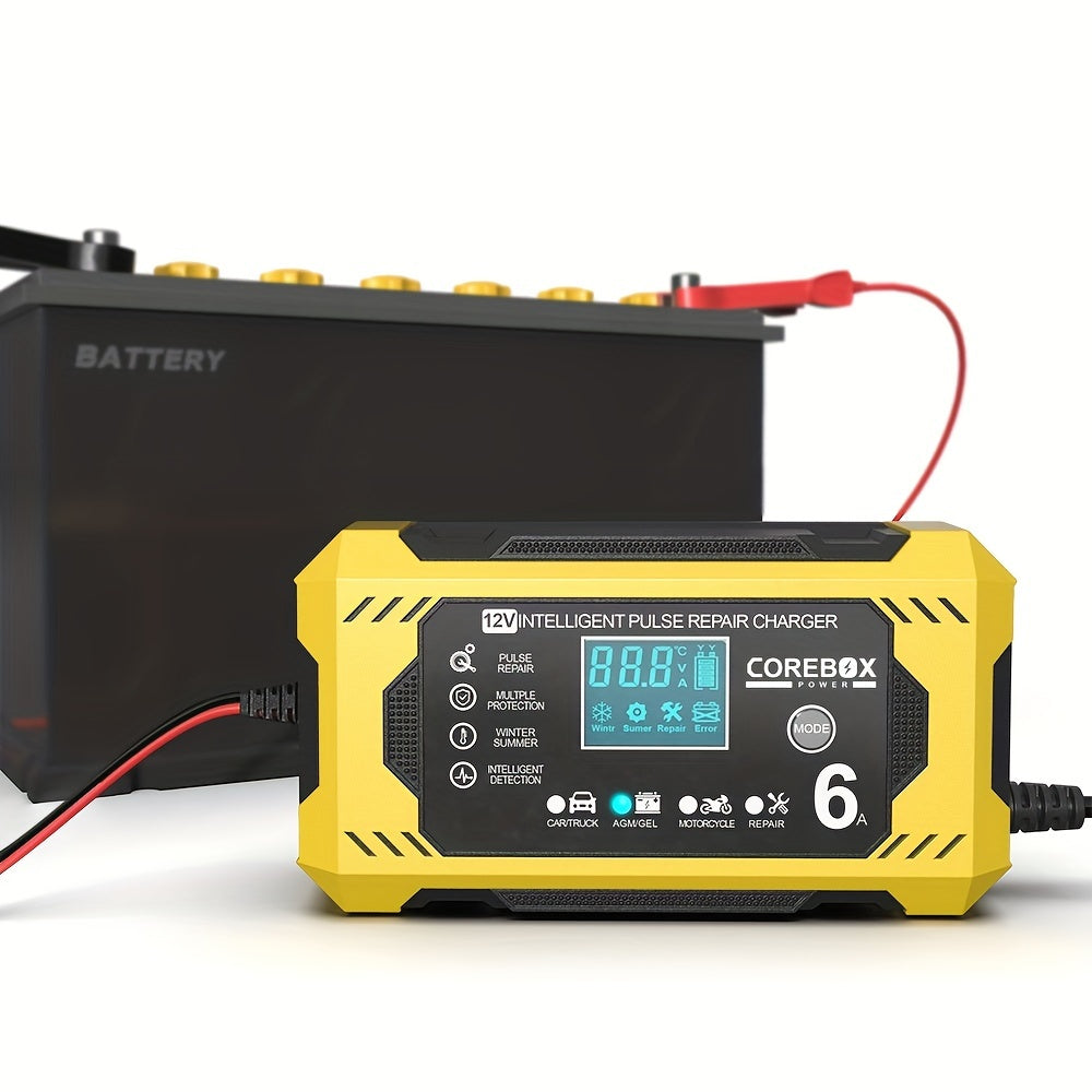 COREBOX 12V 6A Smart Battery Charger with LCD Display - Versatile lead-acid trickle charger for a variety of vehicles with overcharge, short circuit, and polarity protection. Portable and