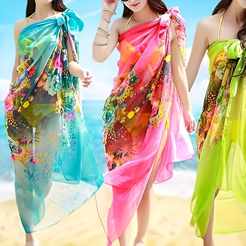 Lightweight, breathable bohemian floral shawl for women in vibrant multicolor. Windproof sunscreen beach wrap made of smooth polyester fabric. Perfect for summer travel and beach days.