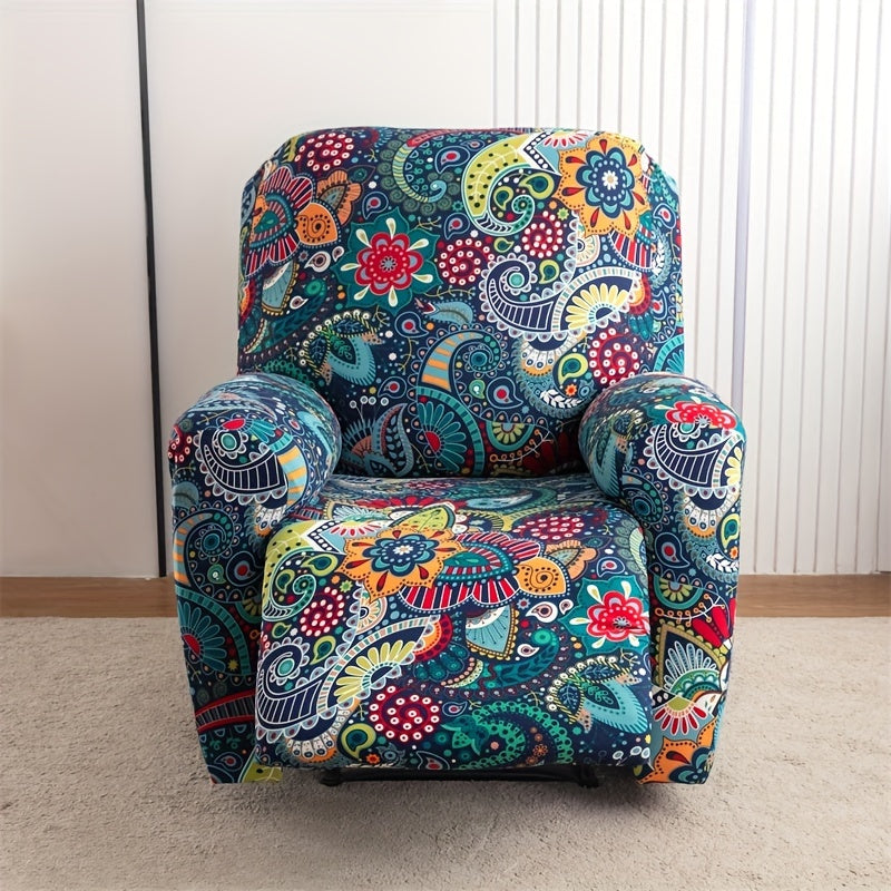 Boho recliner chair cover with pocket, non-slip, machine washable, blue color, made of polyester and spandex.