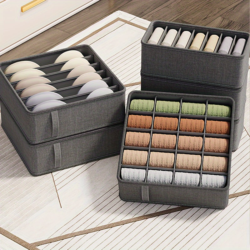 Pure gray cationic sock storage boxes in 6, 7, or 20 compartments. Ideal for organizing socks, bras, and underwear at home. Foldable and versatile.