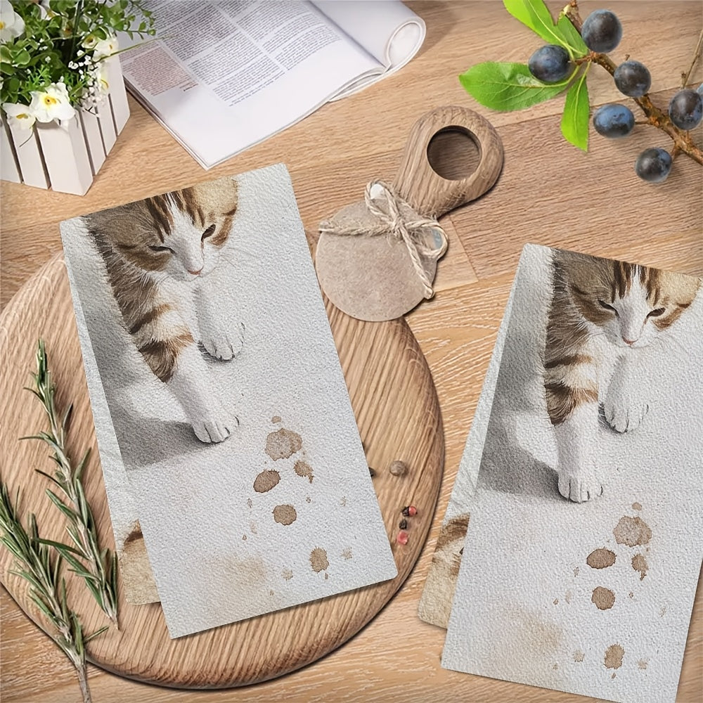 2 pieces of ultra soft kitchen towels, featuring the delicate steps of a kitten as it tiptoes. These highly absorbent dish hand towels are perfect for holiday decor. They are machine washable and measure 16x24 inches. Item number: 2KYSYS1218474