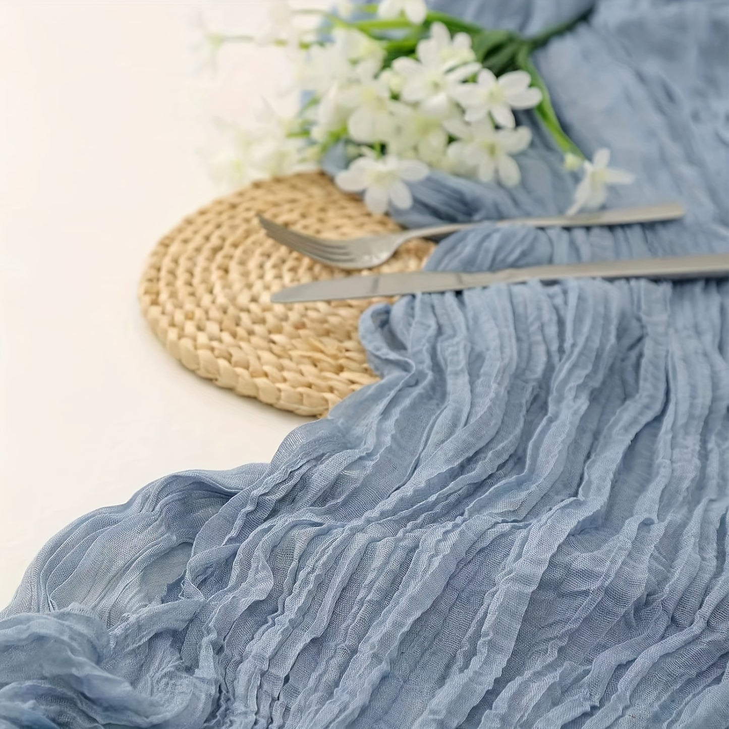 Blue Boho Chic Pleated Table Runner for Weddings & Bridal Showers - Polyester