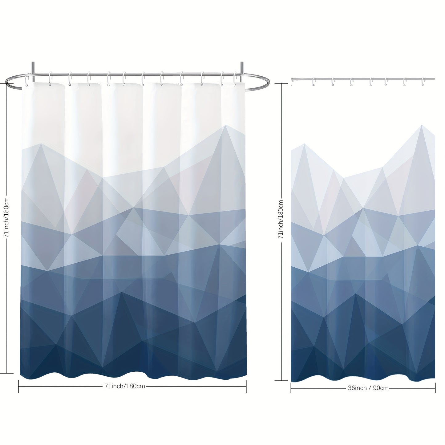 Blue gradient geometric pattern shower curtain with 12 hooks, made of waterproof polyester, suitable for home or hotel bathrooms. Machine washable and can also be used as a window curtain for bathroom décor.