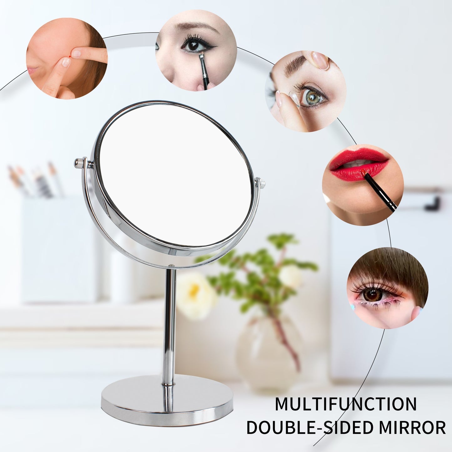 Double-sided magnifying makeup mirror with 10X/1X magnification. Rotate 360 degrees for use in desktop, bathroom, and office.