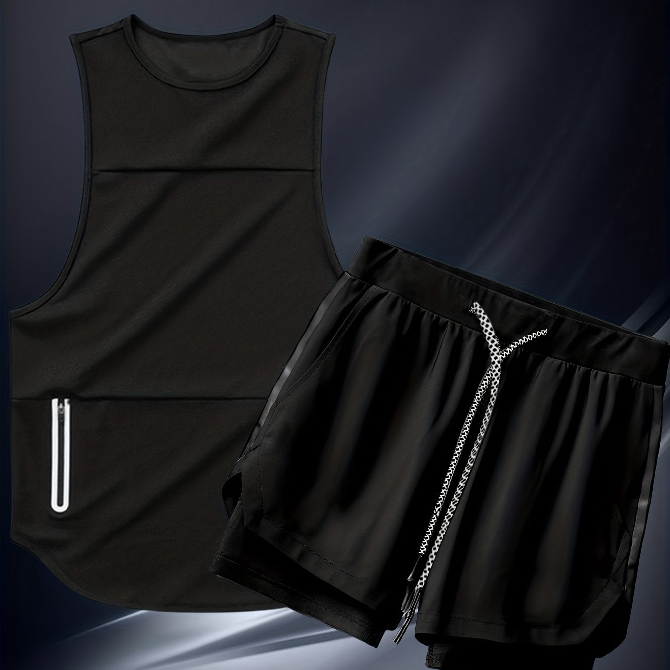 Men's casual sports suit with sleeveless zipper pocket vest and American style training shorts.