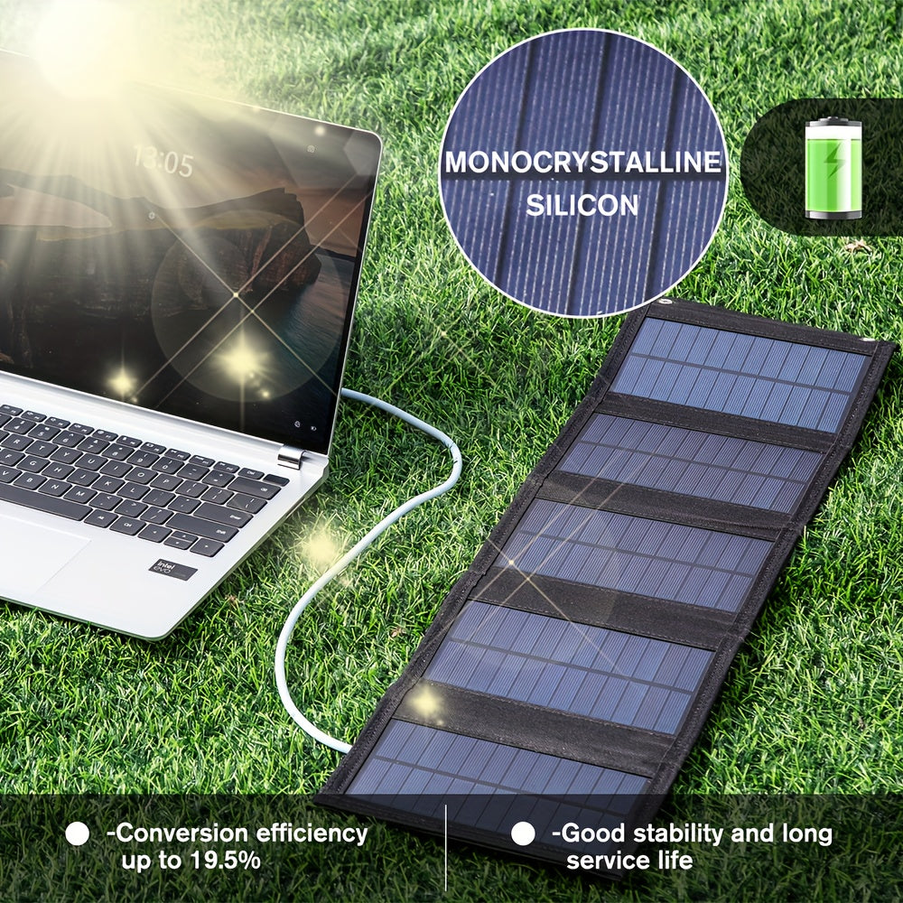 Portable foldable solar charger panel with high-efficiency monocrystalline silicon and USB charging for phones and fans. Ideal for outdoor camping and travel, with no battery and