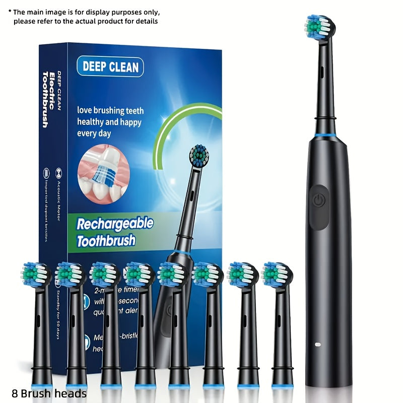 Upgrade your oral care with this adult electric toothbrush set. It includes 8 replacement heads, ultra-soft nylon bristles, and a 600mAh lithium battery with USB charging. It features a