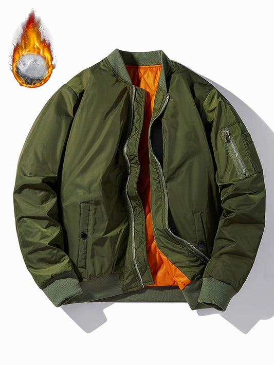 Men's Vintage-Style Winter Flight Jacket - 100% polyester bomber coat with baseball collar, non-stretch, solid color, regular fit, zipper details, woven polyester filling.