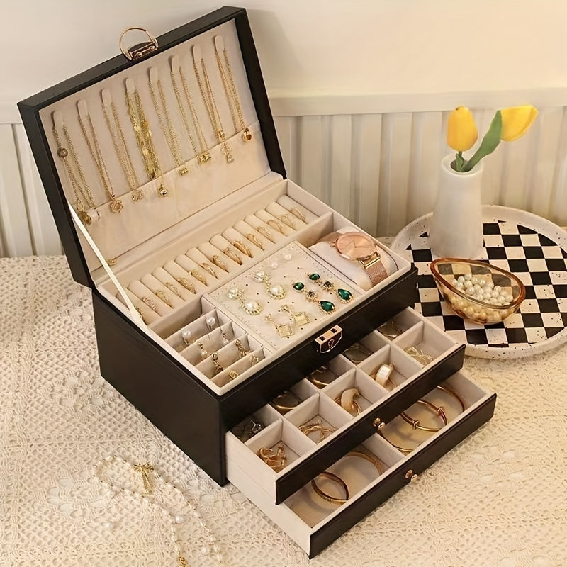 Luxurious leather jewelry box with multiple layers for storing necklaces, earrings, bracelets, watches, and rings; ideal gift for Valentine's Day, Mother's Day, or to give to a girlfriend or partner.