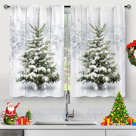 Set of 2 Christmas Green Cafe Curtain Tiers with Pine Tree and White Snow Design, Washable Polyester Material, Soft Curtains for Living Room, Office, Kitchen, and Home Decor