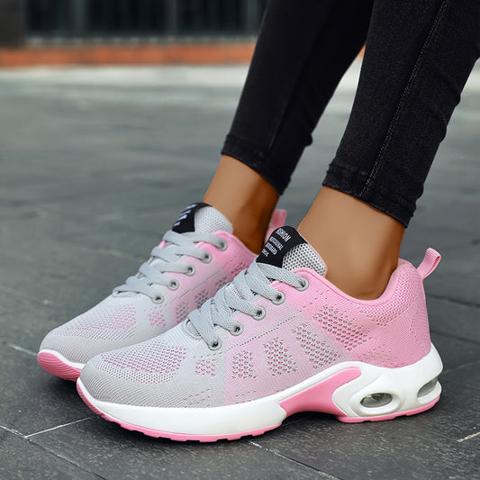 Women's lightweight black knit running shoes with air cushion and mesh upper for all-day comfort and casual wear.