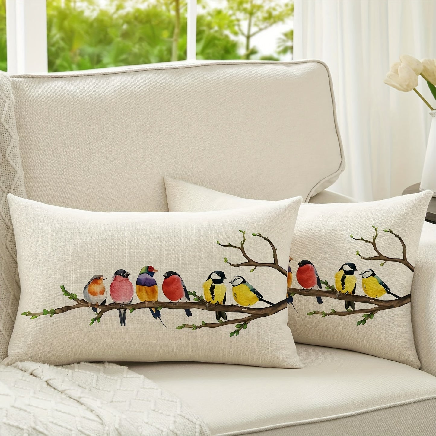 Charming bird and floral design throw pillow cover in farmhouse style. Zippered polyester case for sofa and bedroom decor, machine washable. Available in 12x20 inches or 45.72x45.72 cm (insert not included).