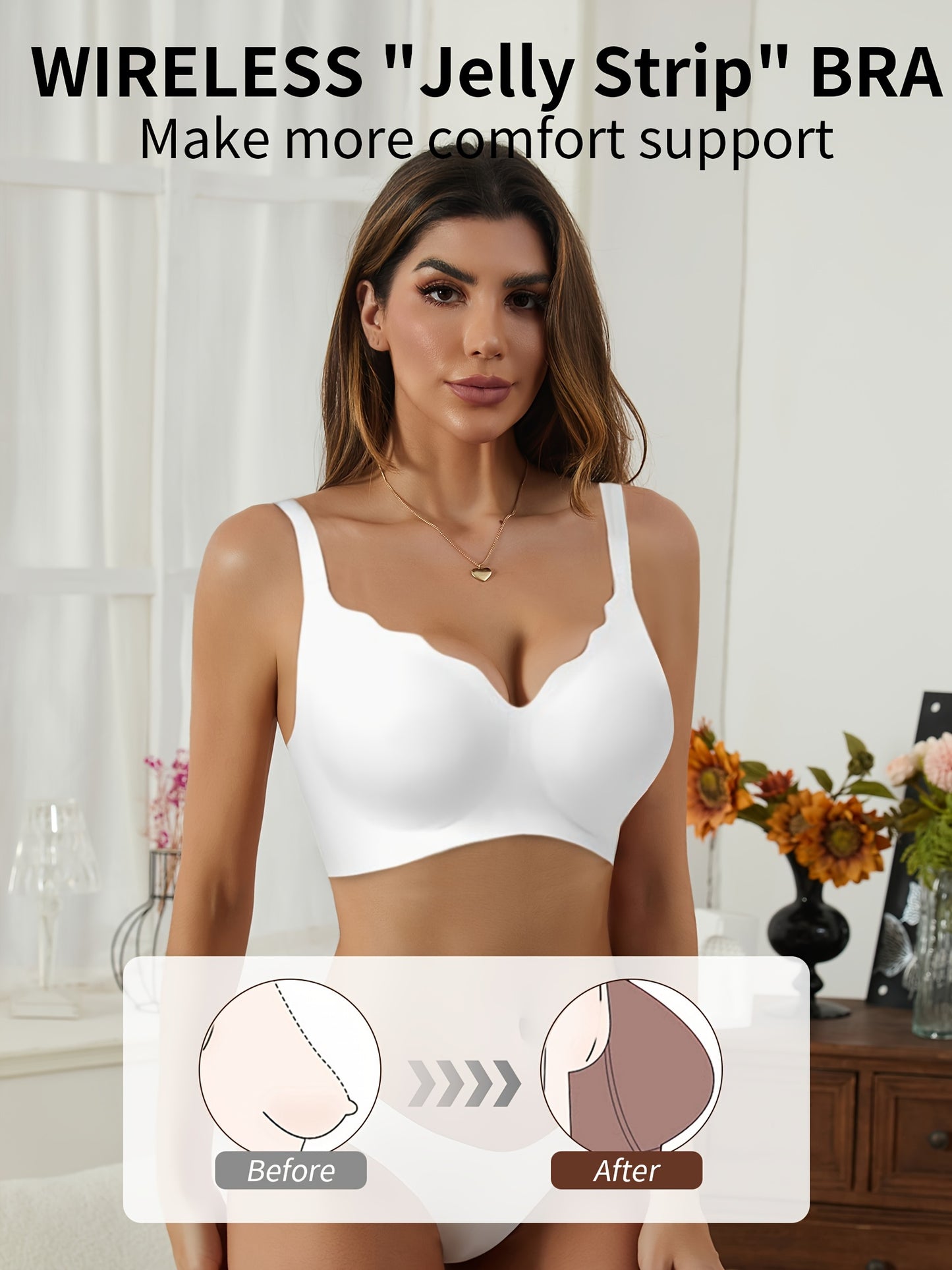 Seamless wireless push-up bra with deep V-neck and scalloped design for comfortable support