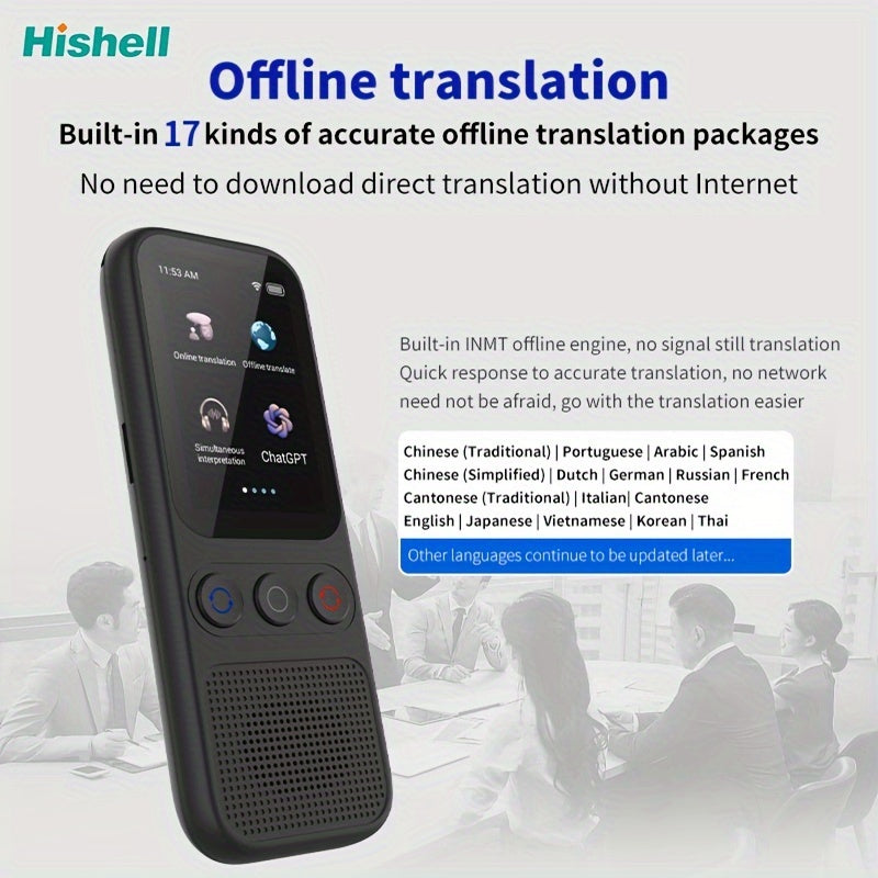 Two-way voice translator for 138 languages, with HD touch screen for travel, business, and study.