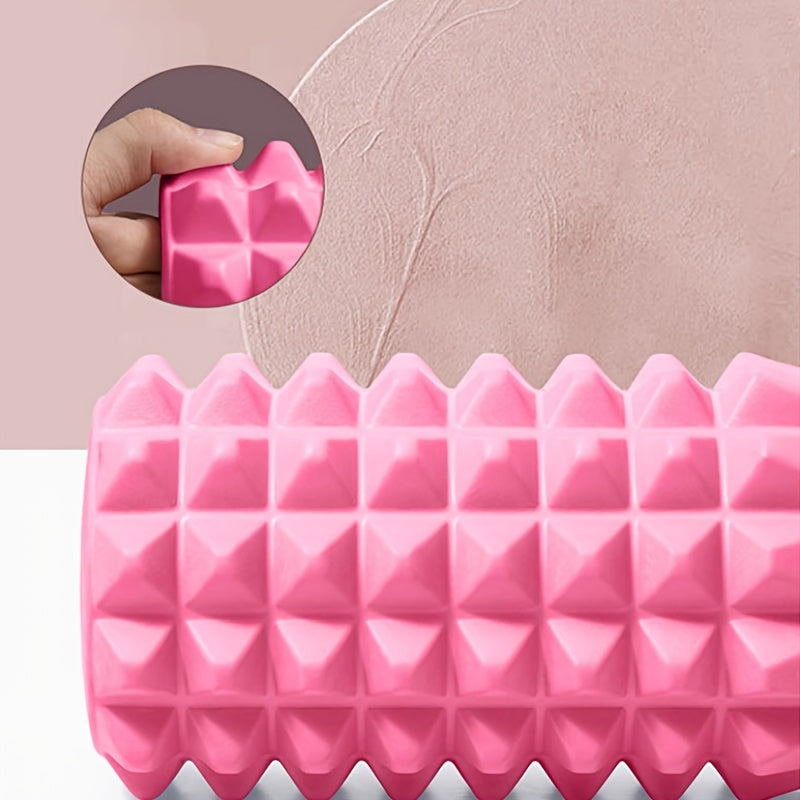 Compact and durable mini foam roller with EVA massage bumps for deep tissue relief. Ideal for yoga, Pilates, and gym workouts. Available in pink, purple, and blue.