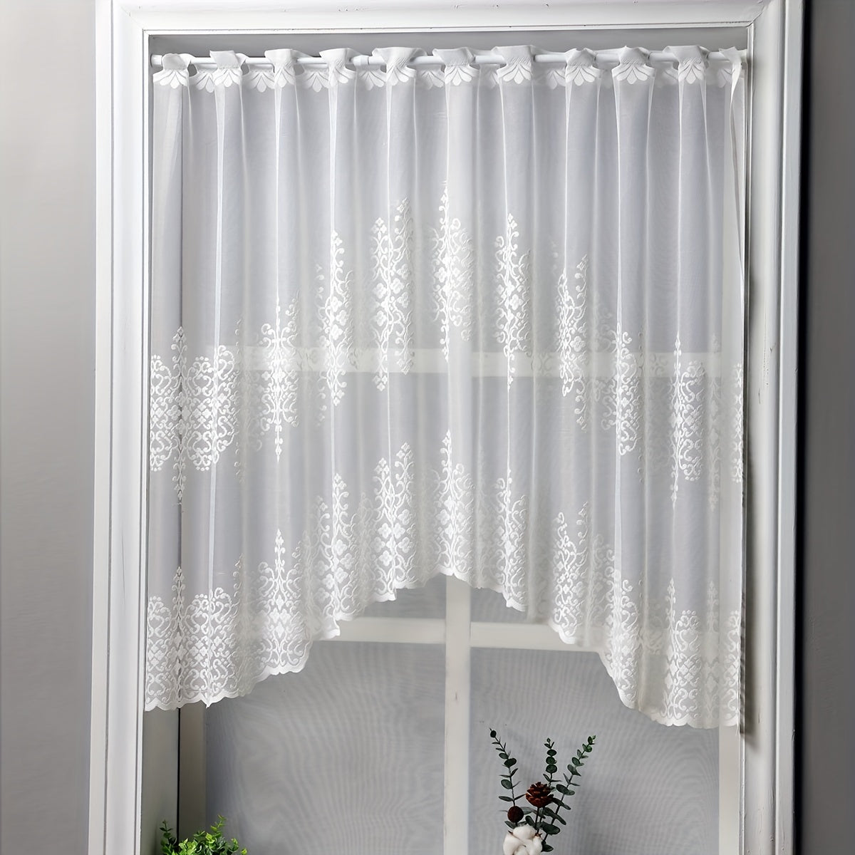 White lace cafe style curtains with geometric wavy pattern; suitable for living room, bedroom, kitchen, and home decor; comes in a set of 1 piece.