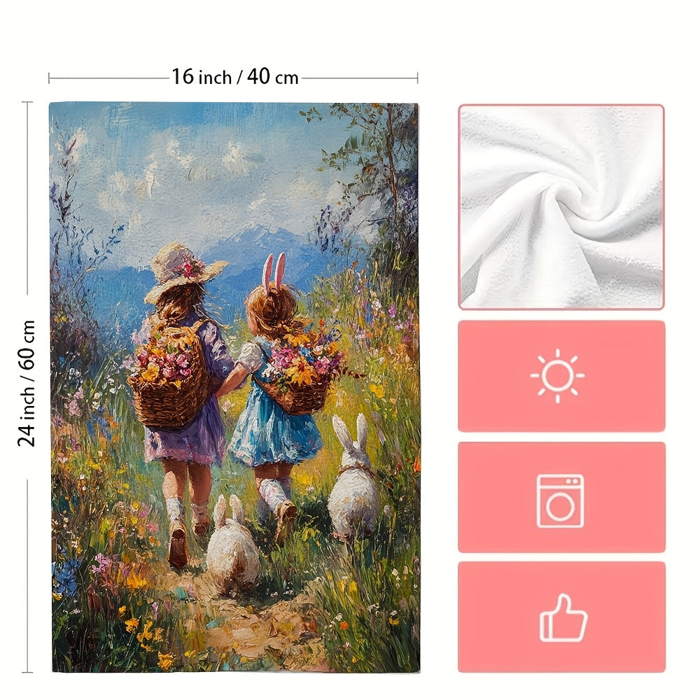 Set of 2 Ultra Soft Kitchen Towels, Perfect for the Easter egg hunt and showcasing the treasures of love in an oil painting style. These highly absorbent dish hand towels are ideal for holiday decor. Machine washable and measuring 16x24 inches each. Item