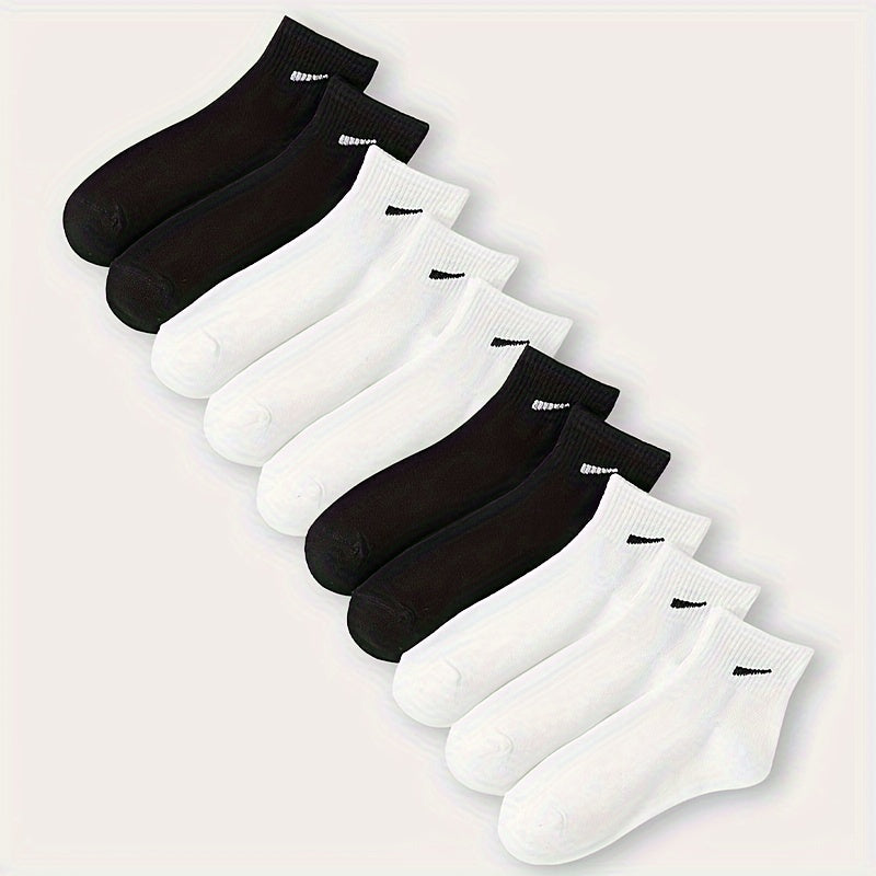 10 pairs of fashionable black and white ankle socks for women, made of 95% polyester and 5% spandex. Knitted fabric, machine washable, lightweight at 280g/m². Perfect for spring/summer.