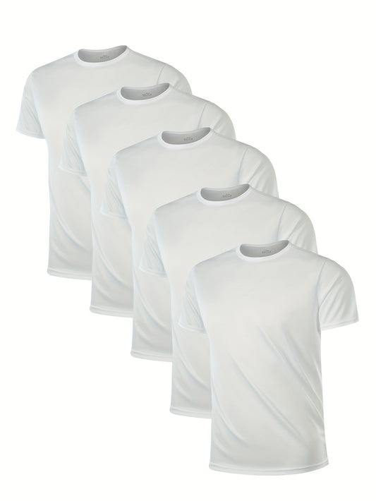 5 Men's Quick-Dry Running T-Shirts in Black, Short Sleeve, and Lightweight Polyester for Summer Sports and Casual Wear.