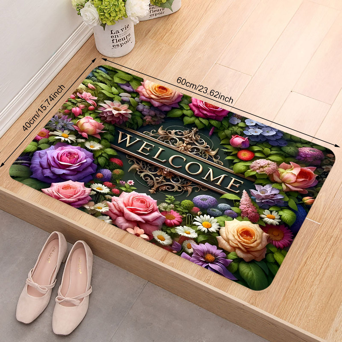 Introducing the Welcome Floral Doormat - A Polyester Non-Slip Mat that is Stain Resistant, Lightweight, Washable, and Perfect for Indoor or Outdoor use. This Rectangular Entrance Mat is ideal for occasions like Christmas, Thanksgiving, Valentine's Day