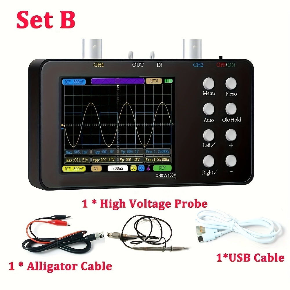 1pc Dual-channel Digital Oscilloscope with 10M Analogue Bandwidth, 50M Sampling Rate, Lissajous Patterns, and 6A Current Waveform.