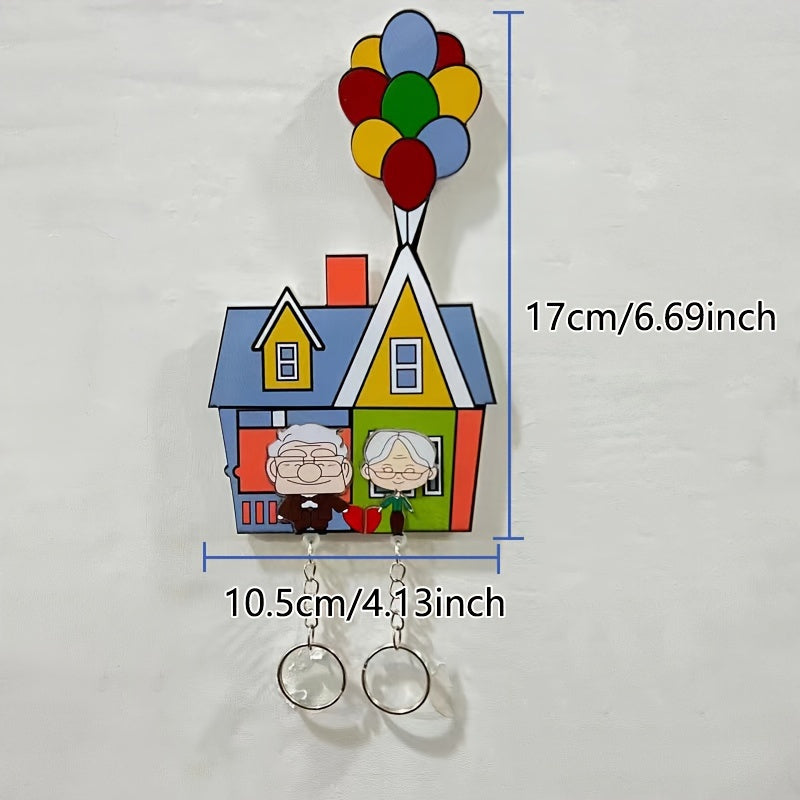 Acrylic Couple Keychain Set with Floating Balloon House Design, ideal for romantic anniversaries. Customized gift with decorative ring buckle, perfect for Valentine's Day.