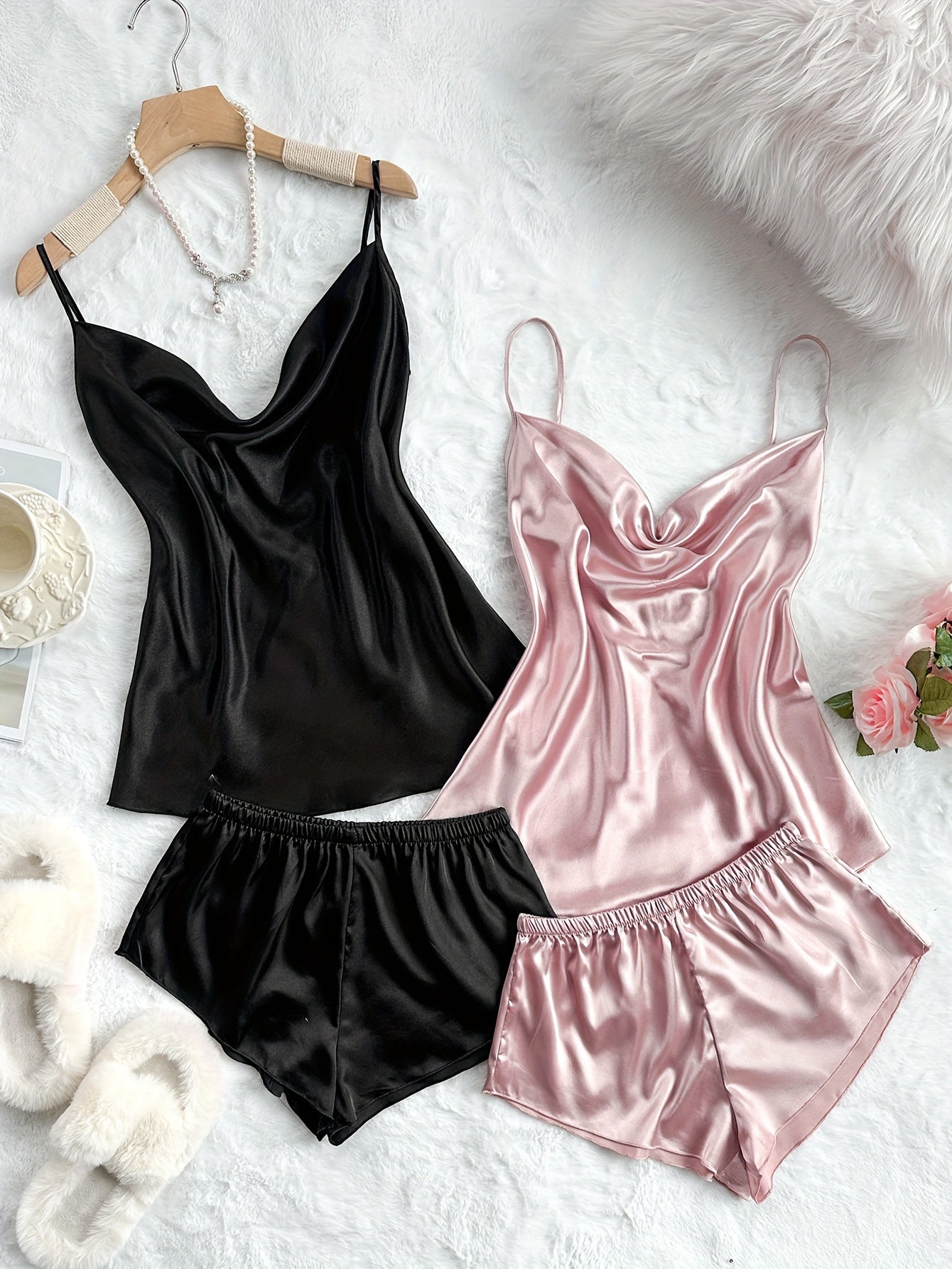 2 Sets Women's Sexy Solid Satin Pajama Set, featuring a turtleneck backless cami top and shorts for comfortable summer nightwear.