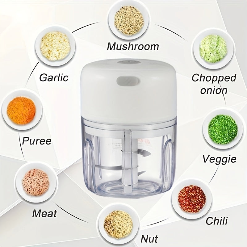 Electric mini garlic chopper that can crush ginger and vegetables, with USB meat grinder and sturdy build, 100/250ml capacity, ideal for kitchen use.