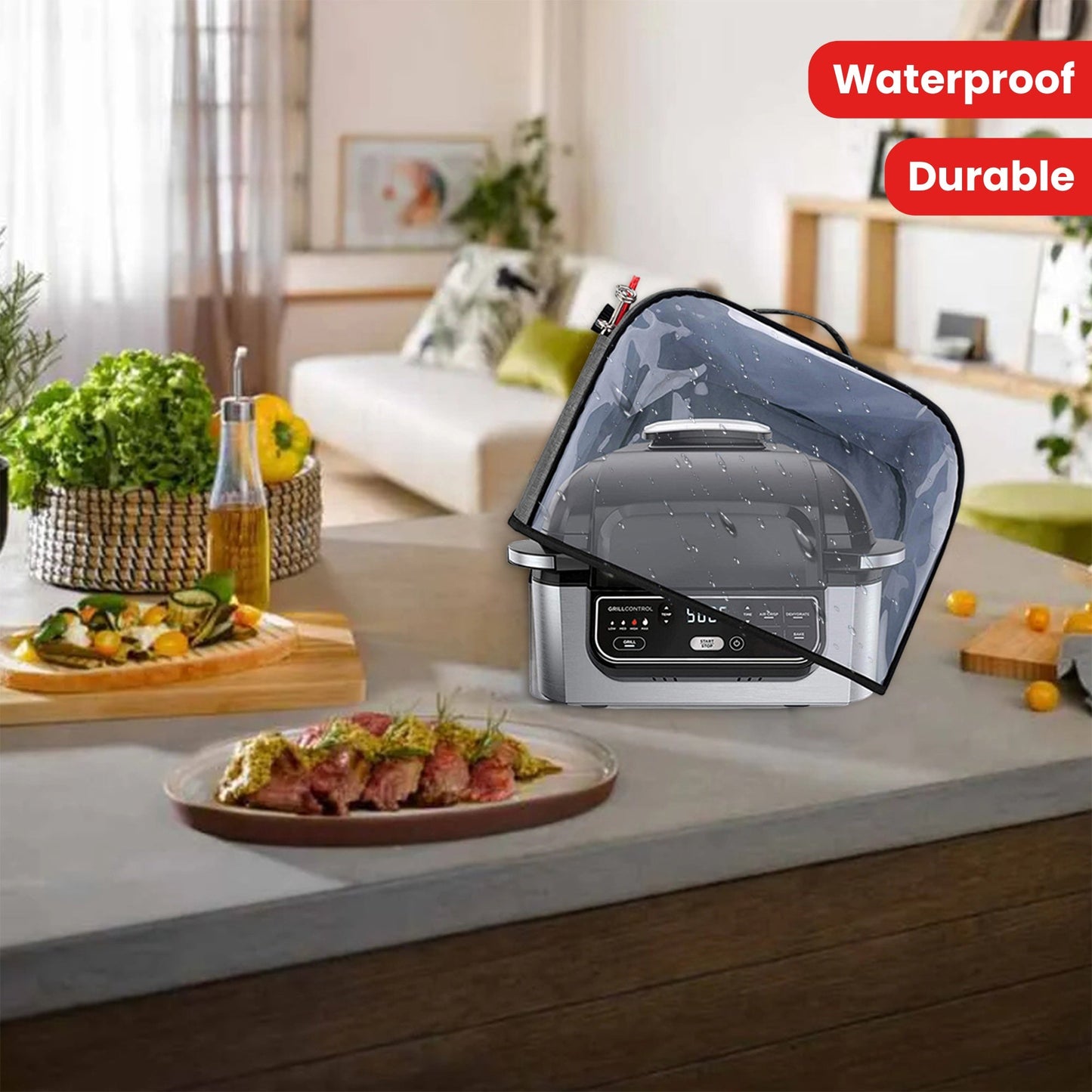 Protect your air fryer with this durable dust cover, featuring storage pockets and a clear front panel. Compatible with Ninja Foodi Grill AG301, AG302, and AG400 models, this waterproof cover measures 34.29 x 35.56 x 24.77 cm, making it the perfect fit