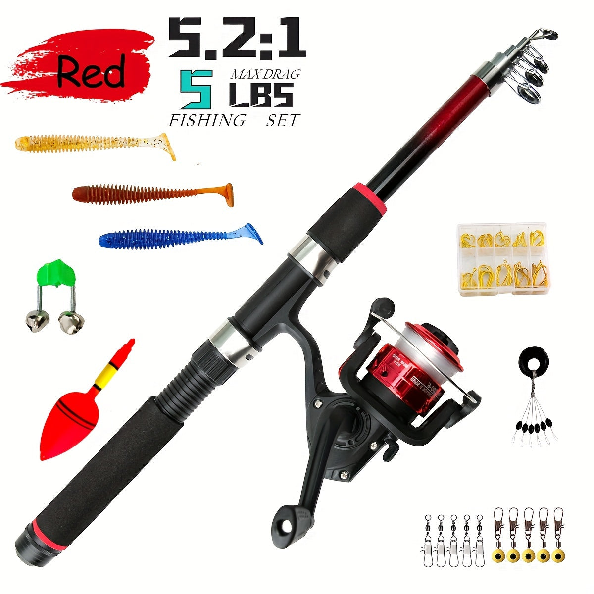 Travel-friendly telescopic fishing rod set with feeder, made of durable FRP, includes carp spinning pole, reel, baits, and hooks.