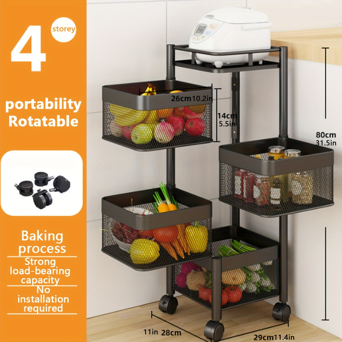 Square 4-tier metal rotating storage rack on wheels for kitchen and bathroom. Golden tube frame, pre-assembled for convenience.