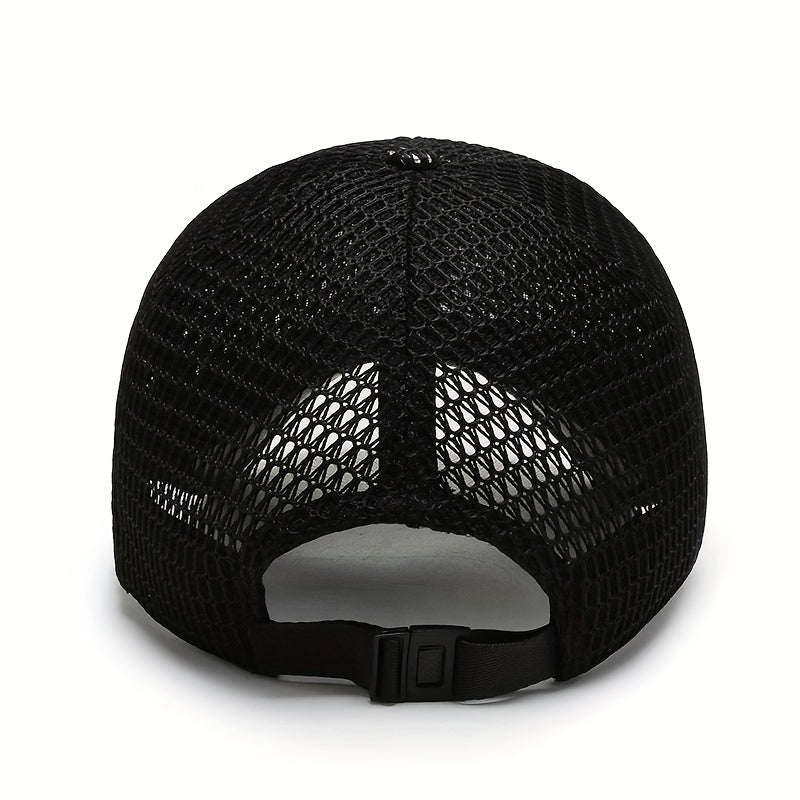 Breathable mesh baseball cap for outdoor sports, woven textile material, hand wash only.