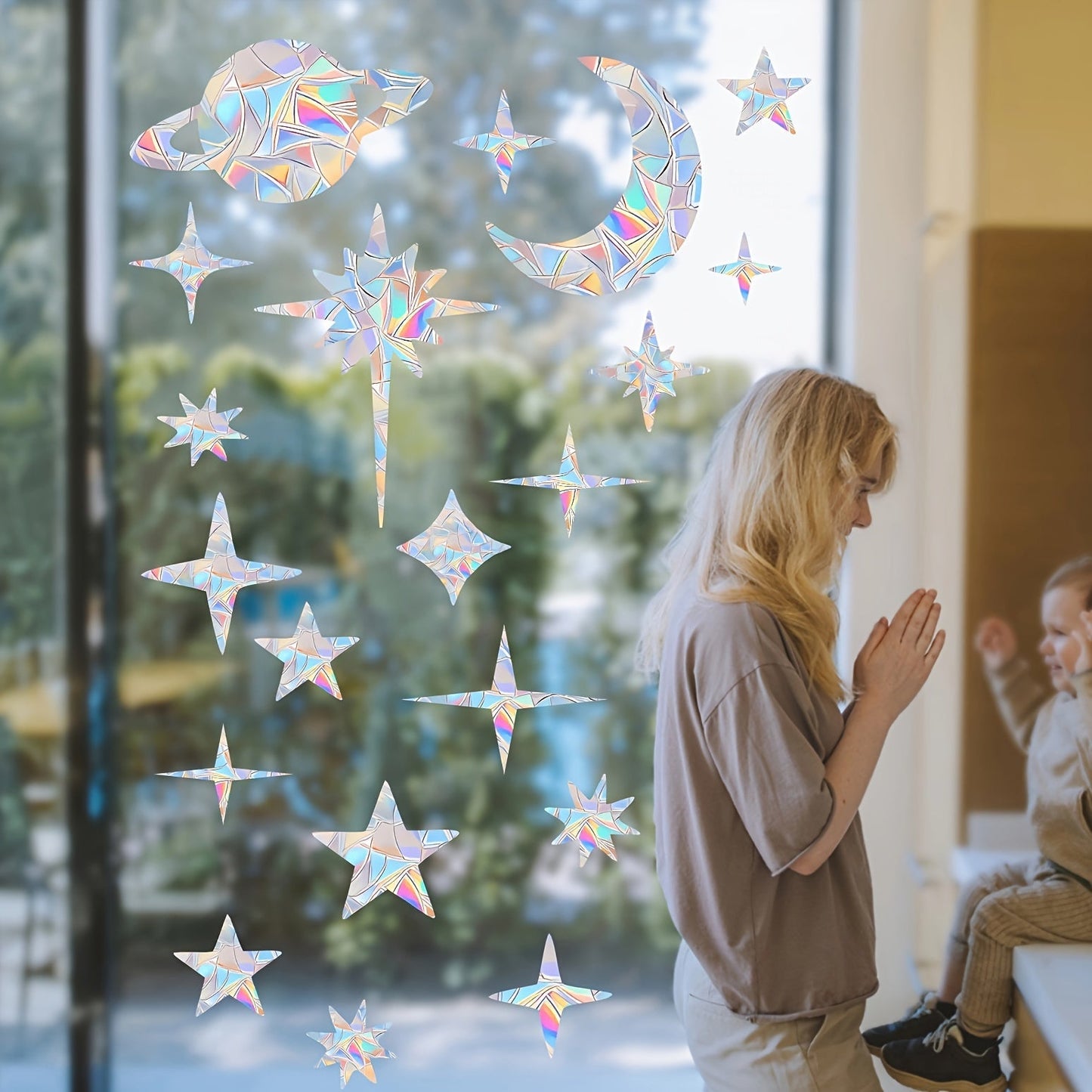 25 pieces of Starry Sky window clings that are designed to prevent bird collisions, made of non-adhesive prismatic vinyl material with rainbow stickers.