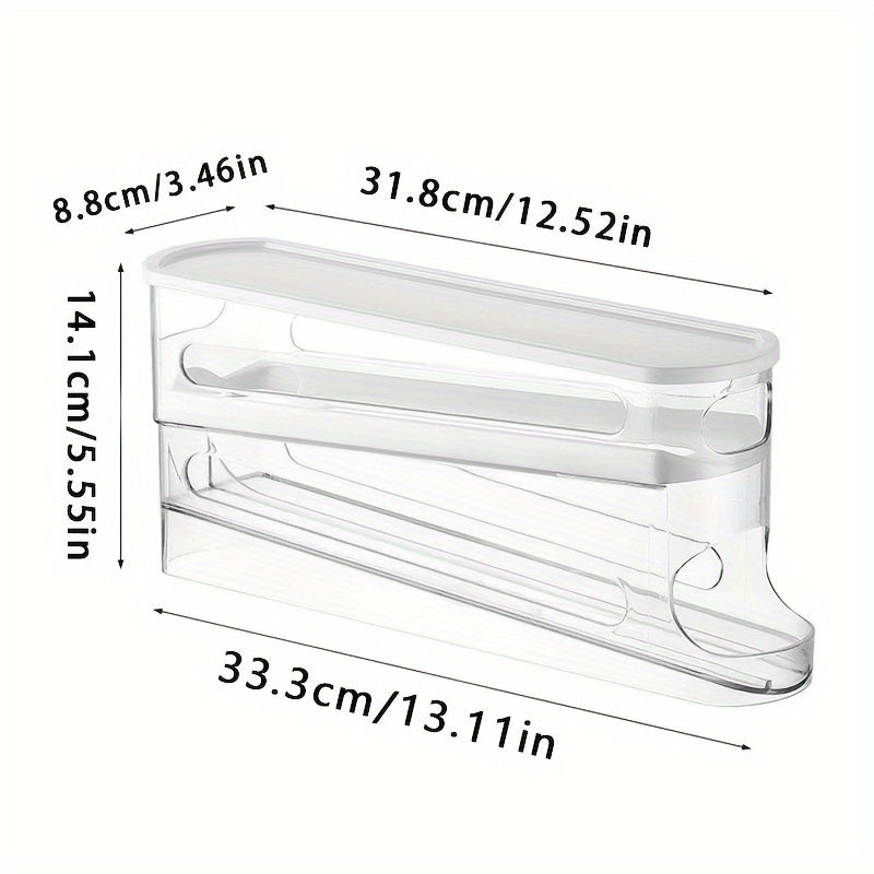 An automatic sliding egg storage box for refrigerator doors, holding 12-14 eggs with a flip-top design, serving as a fresh egg organizer and space-saving rack.