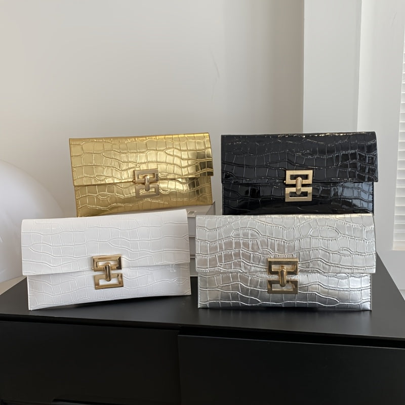 Stone textured clutch made of small synthetic leather, magnetic buckle closure, various colors.