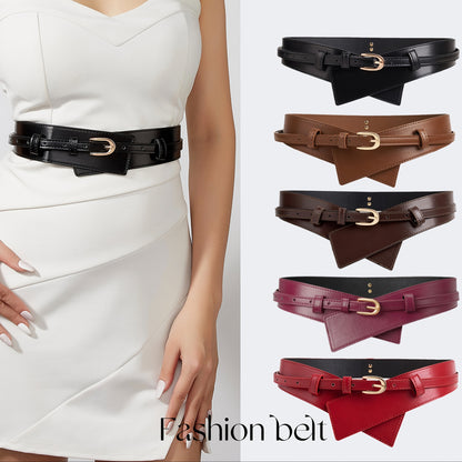 Women's wide waist belt with corset design and golden buckle.