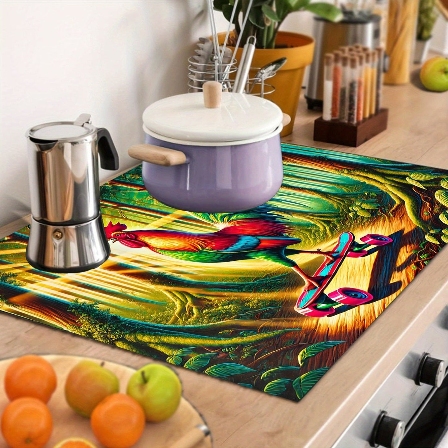 Protect your appliances with the 1pc Spring Rooster Skateboard Design Anti-Slip Waterproof Stove Cover. This heat-resistant cover provides scratch protection for electric stoves, washing machines, dryers, and ironing mats. Easy to clean and no battery