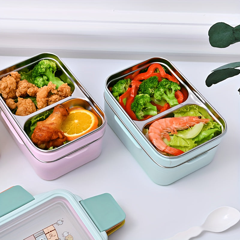 This stainless steel lunch box is programmable, has grids, and is leakproof. It is a dishwasher safe bento container with a rectangle shape for convenient food storage in various settings such as the office, school, canteen, or home kitchen. No