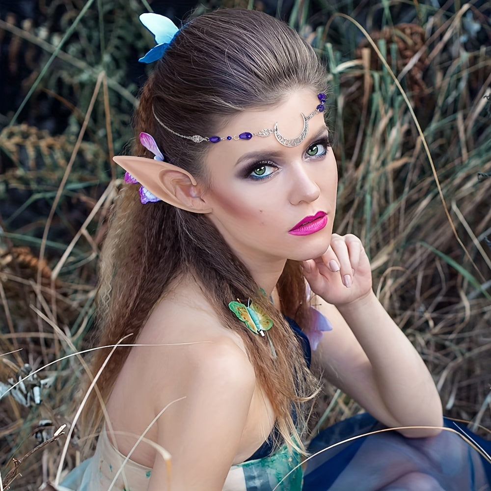 Set of Elf Ears with Headpiece, includes Short and Long Fairy Ears with Moon Head Chain. Perfect Fairy Hair Accessories for Halloween, Masquerade, Renaissance, Eid, and Ramadan Cosplay Props